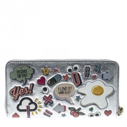 Pre Owned Anya Hindmarch Silver Leather All Over Wink Stickers Zip Around Wallet