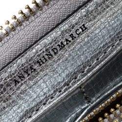 Pre Owned Anya Hindmarch Silver Leather All Over Wink Stickers Zip Around Wallet