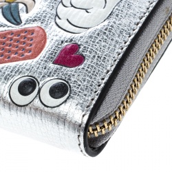 Pre Owned Anya Hindmarch Silver Leather All Over Wink Stickers Zip Around Wallet
