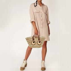 Pre Owned Anya Hindmarch Brown/Natural Seagrass Small Paper Eyes Basket Tote 
