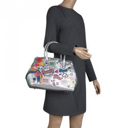 Pre Owned Anya Hindmarch Silver Leather Small All Over Stickers Tote