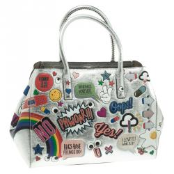 Pre Owned Anya Hindmarch Silver Leather Small All Over Stickers Tote