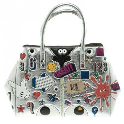 Pre Owned Anya Hindmarch Silver Leather Small All Over Stickers Tote