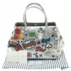 Pre Owned Anya Hindmarch Silver Leather Small All Over Stickers Tote