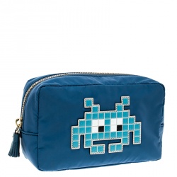 Pre Owned Anya Hindmarch Blue Nylon Space Invader Cosmetic Pouch