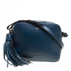 Pre Owned Anya Hindmarch Blue Leather Smiley Crossbody Bag