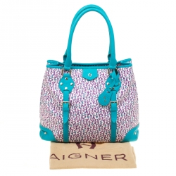 Pre Owned Aigner Turquoise/Lavender Signature Coated Canvas Tote