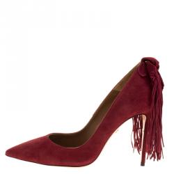 Pre Owned حذاء كعب عالي أكوازورا سويدي أحمر رماني بشراشيب مقدمة مدببة مقاس 38