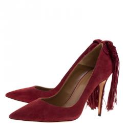 Pre Owned حذاء كعب عالي أكوازورا سويدي أحمر رماني بشراشيب مقدمة مدببة مقاس 38