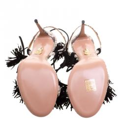 Pre Owned Aquazzura Two Tone Fringed Suede and Python Wild Thing Tasseled Ankle Wrap Sandals Size 38