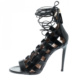 Pre Owned Aquazzura Black Leather Amazon Lace Up Open Toe Sandals Size 37