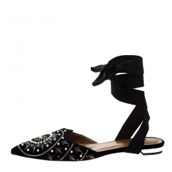 Pre Owned  حذاء فلات أكوازورا قطيفة أسود مزخرف ستيلر بحزام للكاحل مقاس 39