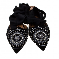 Pre Owned  حذاء فلات أكوازورا قطيفة أسود مزخرف ستيلر بحزام للكاحل مقاس 39