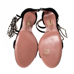 Pre Owned Aquazzura Black Suede Embellished Ankle Strap Sandals Size 38