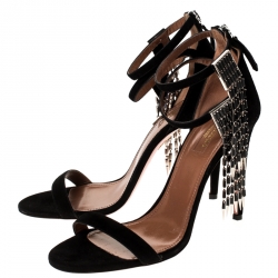 Pre Owned Aquazzura Black Suede Embellished Ankle Strap Sandals Size 38