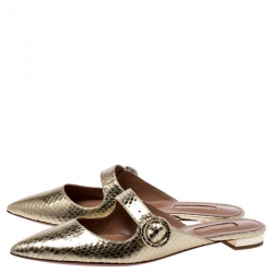 Pre Owned Aquazzura Metallic Gold Python Embossed Leather Buckle Detail Flats Size 38