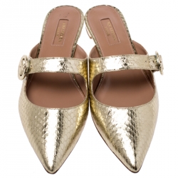 Pre Owned Aquazzura Metallic Gold Python Embossed Leather Buckle Detail Flats Size 38