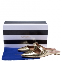 Pre Owned Aquazzura Metallic Gold Python Embossed Leather Buckle Detail Flats Size 38