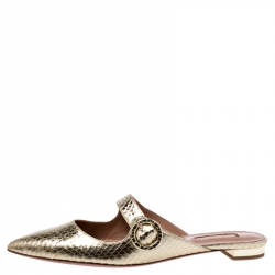 Pre Owned Aquazzura Metallic Gold Python Embossed Leather Buckle Detail Flats Size 38