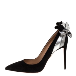 Pre Owned Aquazzura Black/Silver Suede and Leather Fire Pumps Size 36.5