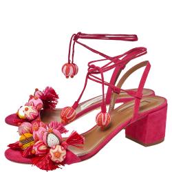 Pre Owned صندل أكوازورا رابطة كاحل خرز شراشيب تروبيكانا سويدي وردي بارادايس مقاس 39