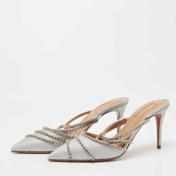 Pre Owned Aquazzura Silver Glitter Crystal Embellished Mules Size 37
