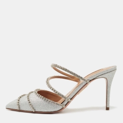 Pre Owned Aquazzura Silver Glitter Crystal Embellished Mules Size 37