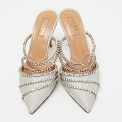 Pre Owned Aquazzura Silver Glitter Crystal Embellished Mules Size 37