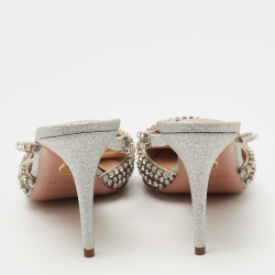 Pre Owned Aquazzura Silver Glitter Crystal Embellished Mules Size 37