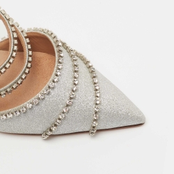 Pre Owned Aquazzura Silver Glitter Crystal Embellished Mules Size 37