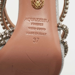 Pre Owned Aquazzura Silver Glitter Crystal Embellished Mules Size 37