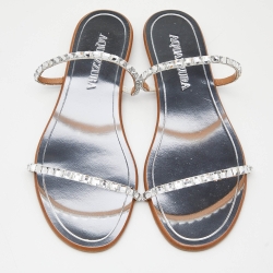 Pre Owned Aquazzura Silver Suede Crystal Embellished Flat Slide Size 36