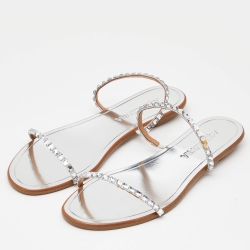 Pre Owned Aquazzura Silver Suede Crystal Embellished Flat Slide Size 36