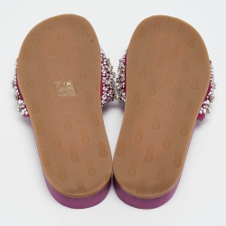 Pre Owned Aquazzura Magenta Satin Asja Crystals Slide Flats Size 40