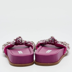 Pre Owned Aquazzura Magenta Satin Asja Crystals Slide Flats Size 40