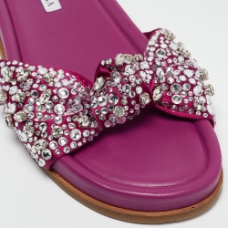 Pre Owned Aquazzura Magenta Satin Asja Crystals Slide Flats Size 40