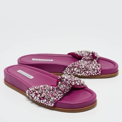 Pre Owned Aquazzura Magenta Satin Asja Crystals Slide Flats Size 40