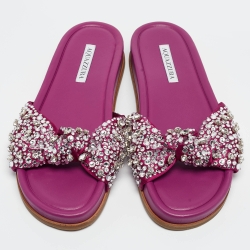 Pre Owned Aquazzura Magenta Satin Asja Crystals Slide Flats Size 40