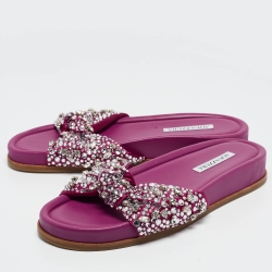 Pre Owned Aquazzura Magenta Satin Asja Crystals Slide Flats Size 40