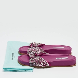 Pre Owned Aquazzura Magenta Satin Asja Crystals Slide Flats Size 40