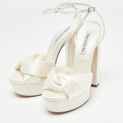 Pre Owned Aquazzura White Satin Bow Platform Ankle Strap Sandals Size 37