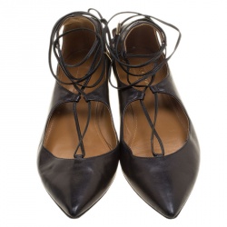 مملوكة مسبقًا Aquazzura Black Leather Christy Lace-up Flats Size 38