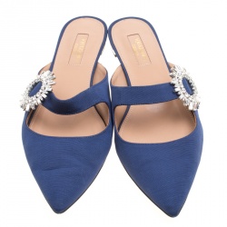 Pre Owned حذاء مولز أكوازورا فلات مقدمة مدببة مزخرف كريستال بلوسوم كانفاس كحلي مقاس 37.5