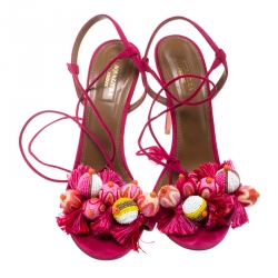 مملوكة مسبقًا صندل أكوازورا ملتف كاحل خرز شراشيب تروبيكانا سويدي وردي بارادايس مقاس 39.5