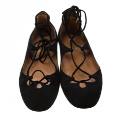 مملوكة مسبقًا Aquazzura Black Suede Dancer Lace Up Flats Size 38