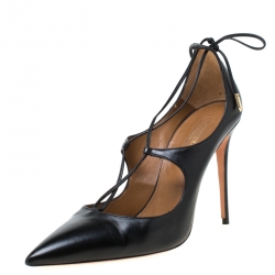 Pre Owned حذاء كعب عالي أكوازورا مقدمة مدببة أربطة ماتيلادا جلد أسود مقاس 40