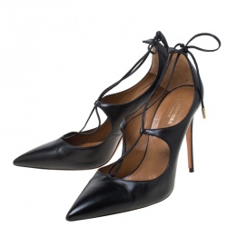 Pre Owned حذاء كعب عالي أكوازورا مقدمة مدببة أربطة ماتيلادا جلد أسود مقاس 40