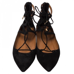 Pre Owned Aquazzura Black Suede Belgravia Ankle Wrap Flats Size 39