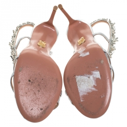 Pre Owned Aquazzura Metallic Silver Leather Crystal Embellished Chateau Slingback Sandals Size 38