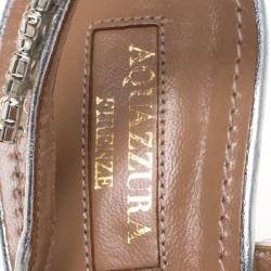 Pre Owned Aquazzura Metallic Silver Leather Crystal Embellished Chateau Slingback Sandals Size 38